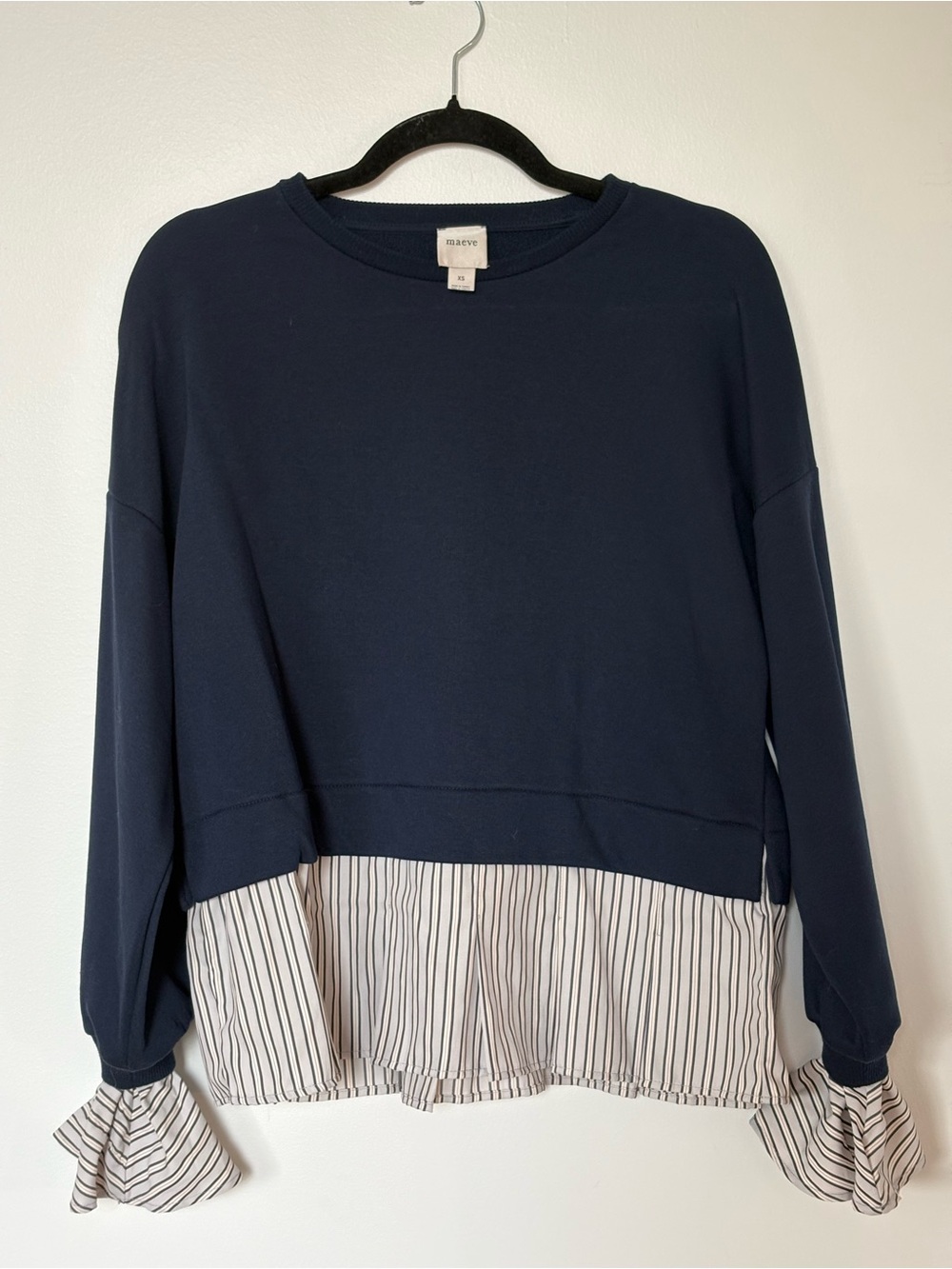 Maeve Navy Pullover with Striped Ruffle Hem and Cuff